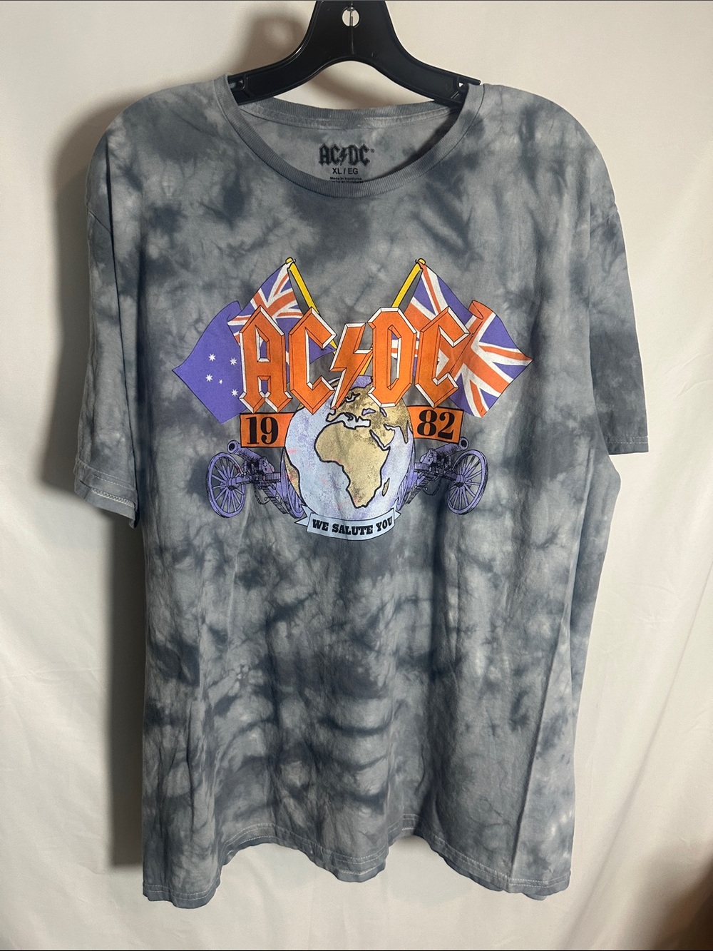 AC/DC Men’s/womens Gray Tie-Dye Short Sleeve Tee with Orange & Purple Logo